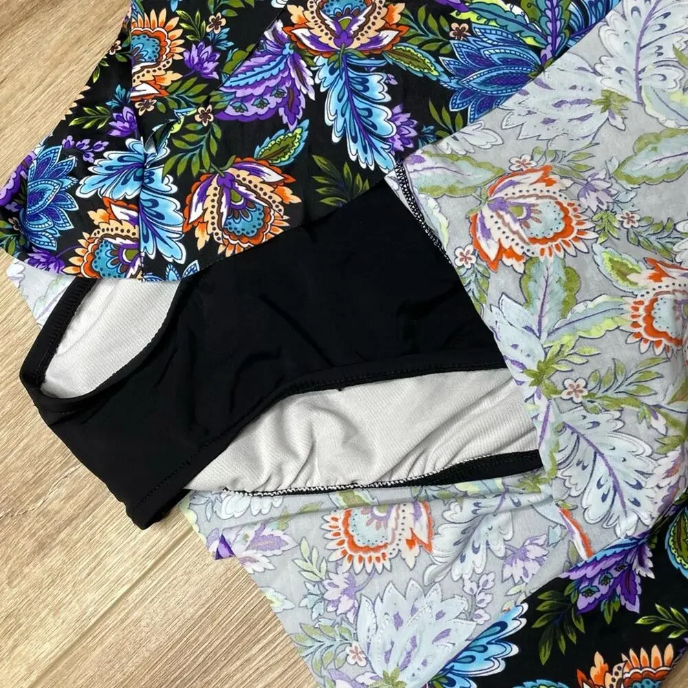 Swim Solutions Women's Floral Boho Play V-Neck Multi Ruffle Swim Dress sz 8